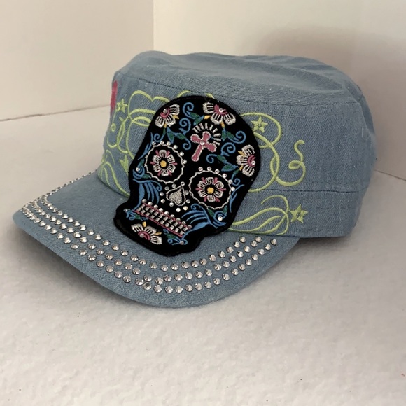 Rhinestone Castro Cap Black Sugar Skull Light Denim - Picture 2 of 8